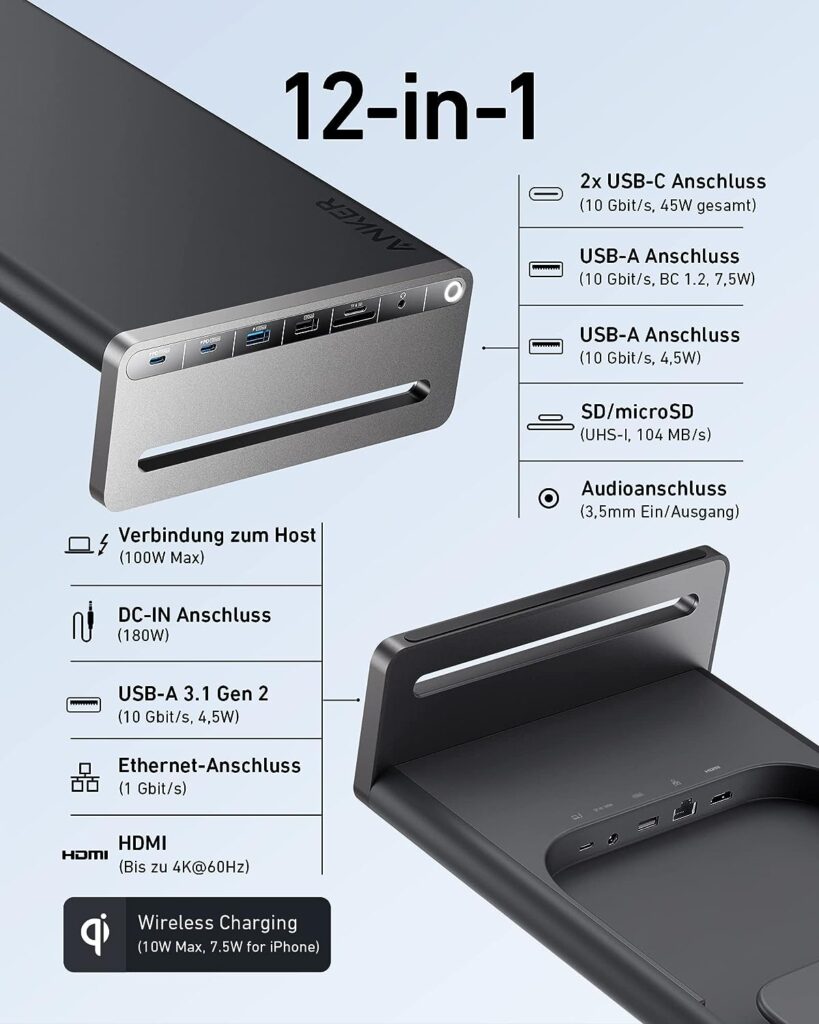 Anker 675 USB-C Docking Station (12-in-1) with 10Gbps USB-C Ports, 4K@60Hz HDMI Screen, Wireless Charger for Lenovo ThinkPad, MacBook Pro M1/M2, and More USB-C Devices