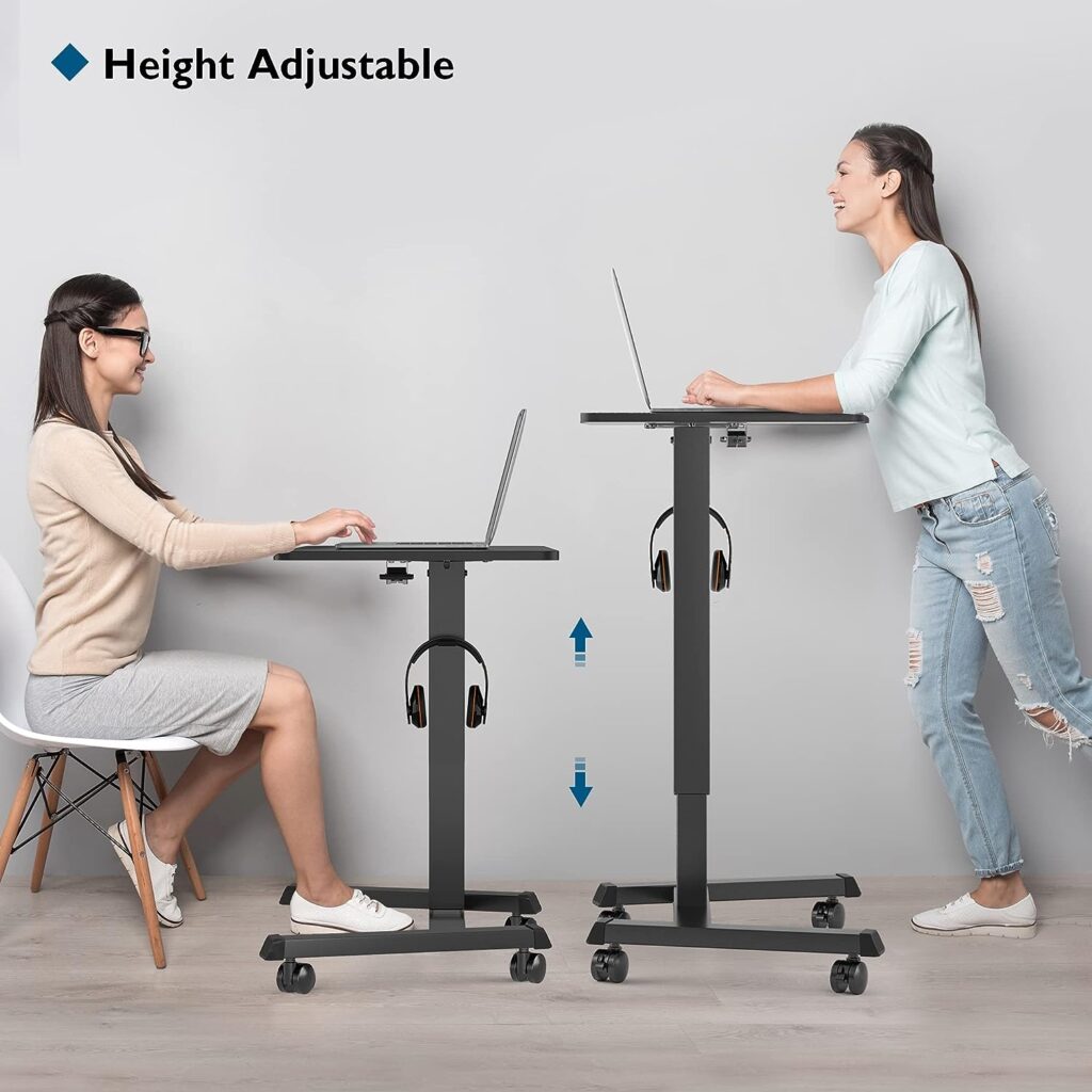 BONTEC 65 x 45 cm standing desk, height-adjustable desk/mobile standing table with 4 wheels, standing seat desk with wheels, overbed table for living room, laptop table, height adjustable, max. 15 kg, black