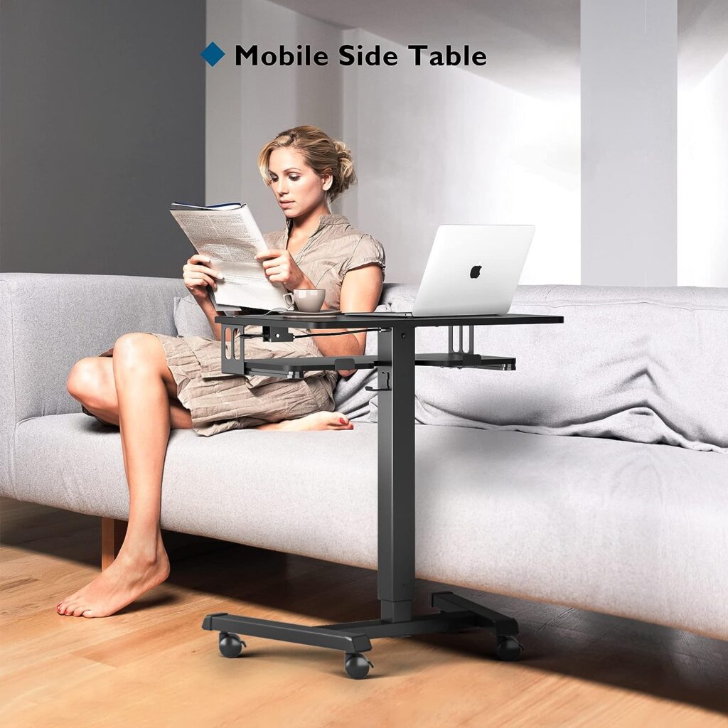 BONTEC Mobile Desk with 4 Wheels, Standing Desk Height Adjustable 65 x 45 cm Mobile Workstation, Laptop Table with Keyboard Shelf, Standing Table for Living Room, Bedroom