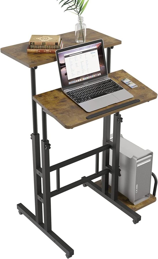 Dripex Standing Desk, Height-Adjustable Laptop Table, Computer Desk with Wheels, Mobile Workstation with Tilting Table Top, Standing Desk for Home Office, 60 x 60 x 67-115 cm