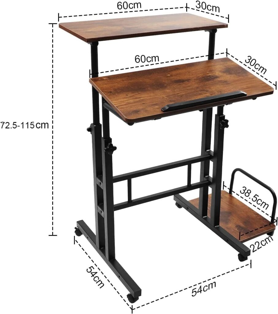 Dripex Standing Desk, Height-Adjustable Laptop Table, Computer Desk with Wheels, Mobile Workstation with Tilting Table Top, Standing Desk for Home Office, 60 x 60 x 67-115 cm