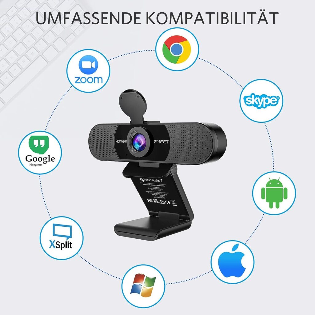 EMEET Full HD Webcam - C960 1080P Webcam mit Objektivabdeckung  Dual Mikrofon, 90 ° Streaming Kamera mit Automatische Lichtkorrektur, Plug  Play, für Linux, Win10, Mac OS