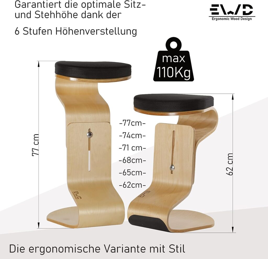 EWD Ergonomic Wood Design Bürohocker Ergonomisch Holz [Höhenverstellbar] ergonomischer Hocker für Gesundes Sitzen [Pendelhocker] Schreibtischstuhl Gesunder Rücken | Büro Stuhl aussuchen