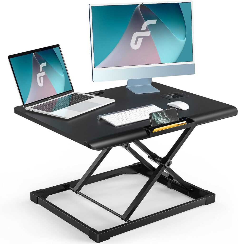 Fenge Sitz-Stand Desk, Height-Adjustable Standing Desk, Table Top with Phone Holder, 65 x 50 cm, Ergonomic Computer Desk, Portable for Home Office, Black