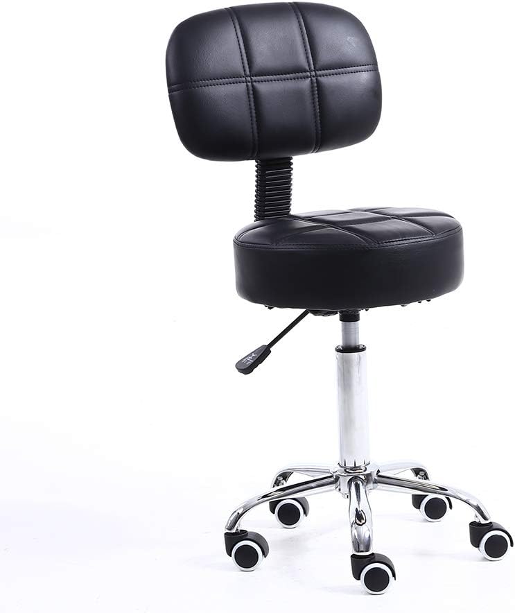 KKTONER Rolling Stool with Backrest Height Adjustable 50 - 64 cm PU Leather Black