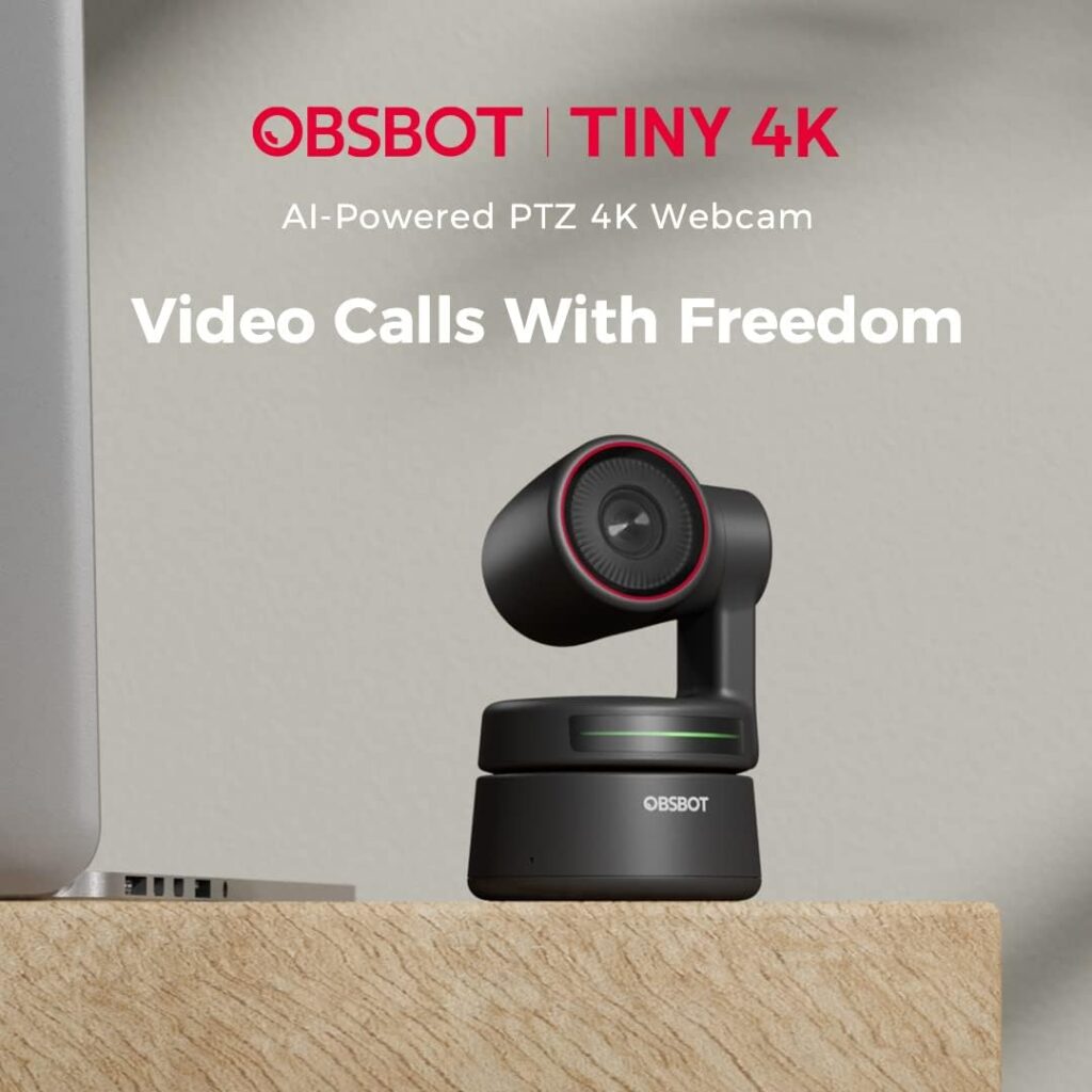 OBSBOT Tiny 4K AI-Powered PTZ 4K Ultra HD Webcam AI Tracking Auto Frame Gesture Control for Video Chat, Online Meeting, Online Class, Live Stremsing