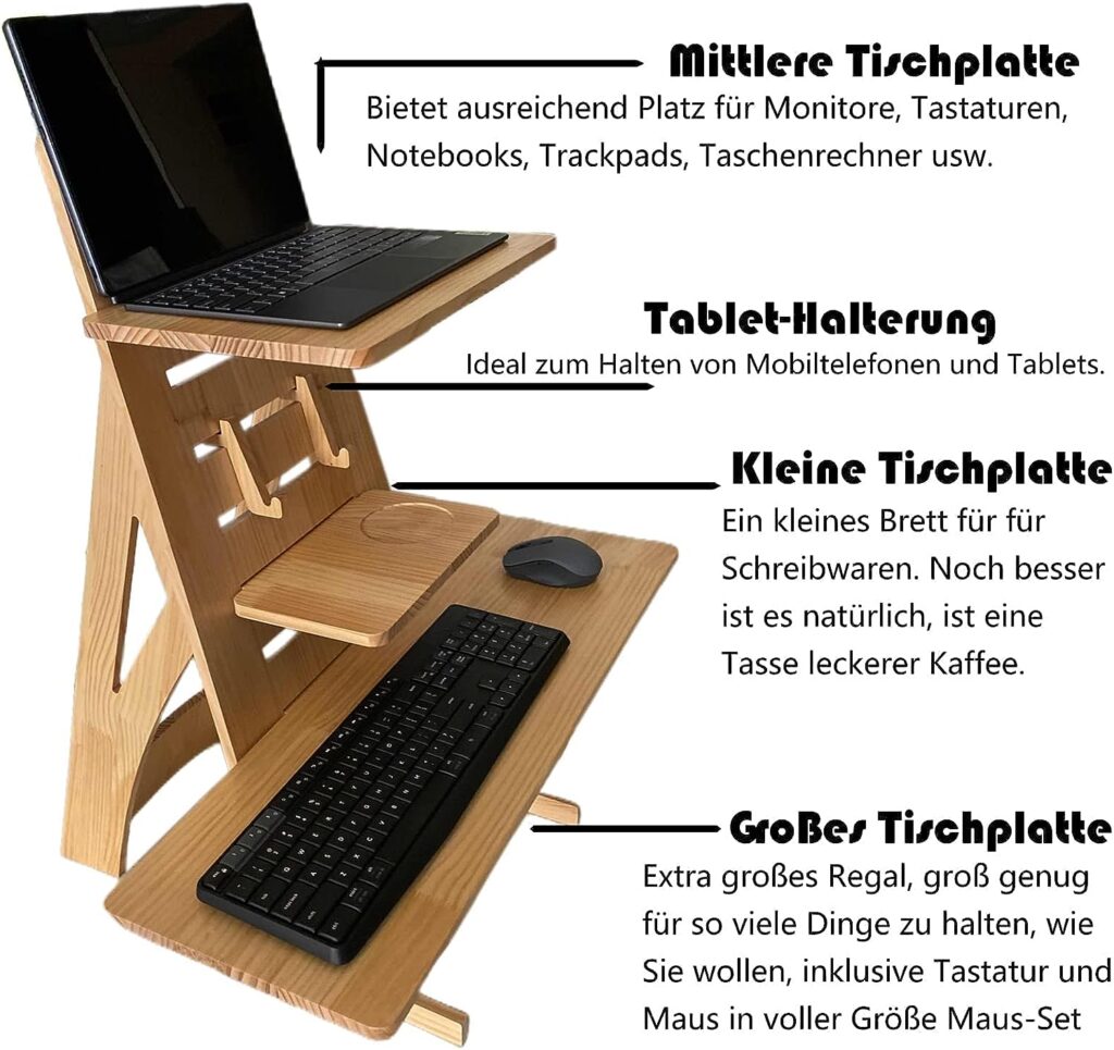 Sitaitong Standing Desk, Standing Desks Made of Wood, Standing Desk Attachment, Laptop Stand, 3 Shelves, Stand, Standing Desk, Height Adjustable