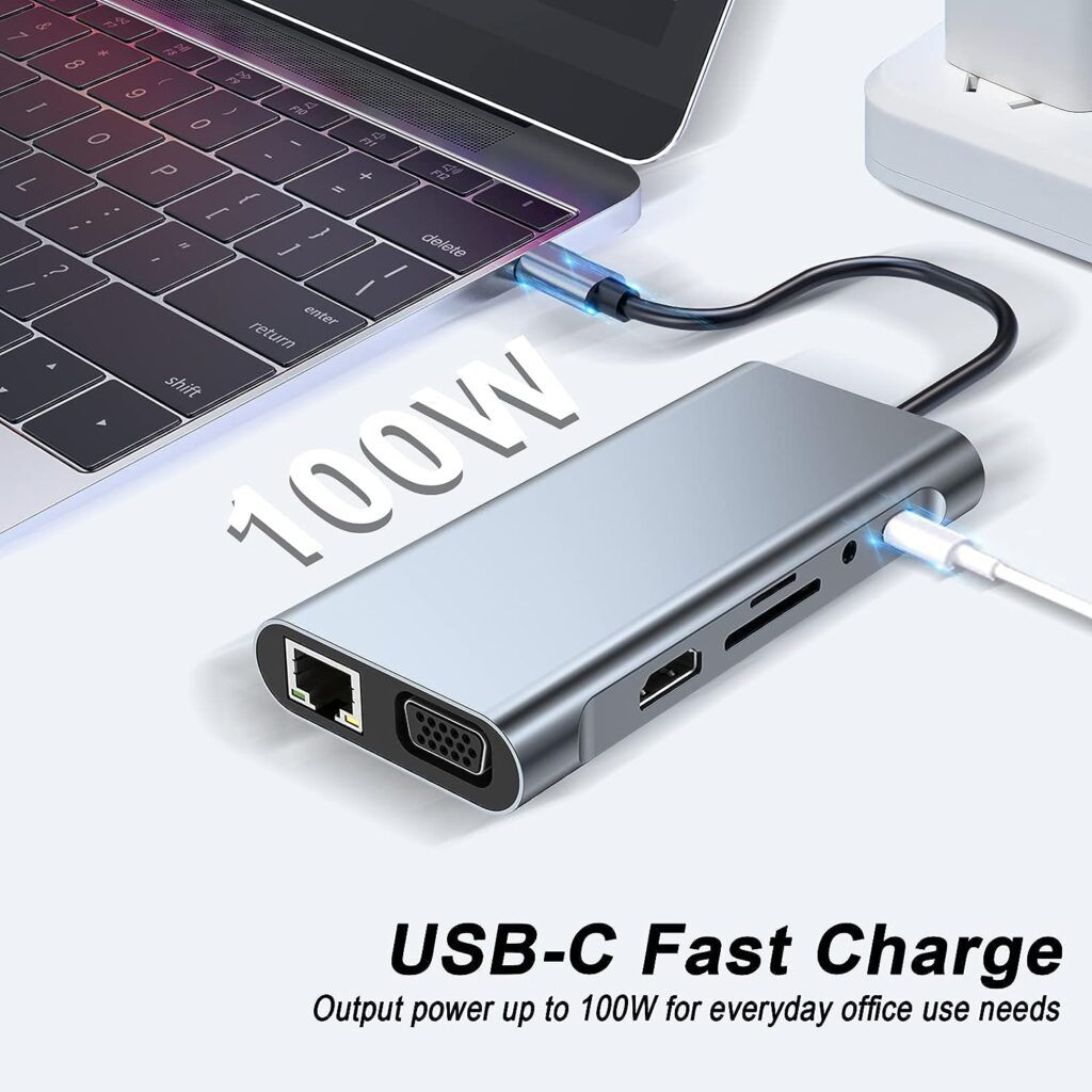 USB C HUB Docking Station 11-in-1 USB C Adapter Dongle with 4K HDMI VGA Type C PD, USB3.0, RJ45 Ethernet, SD/TF Card Reader, 3.5 mm AUX, Compatible with MacBook Pro/Air, Other Type C Laptops  Devices
