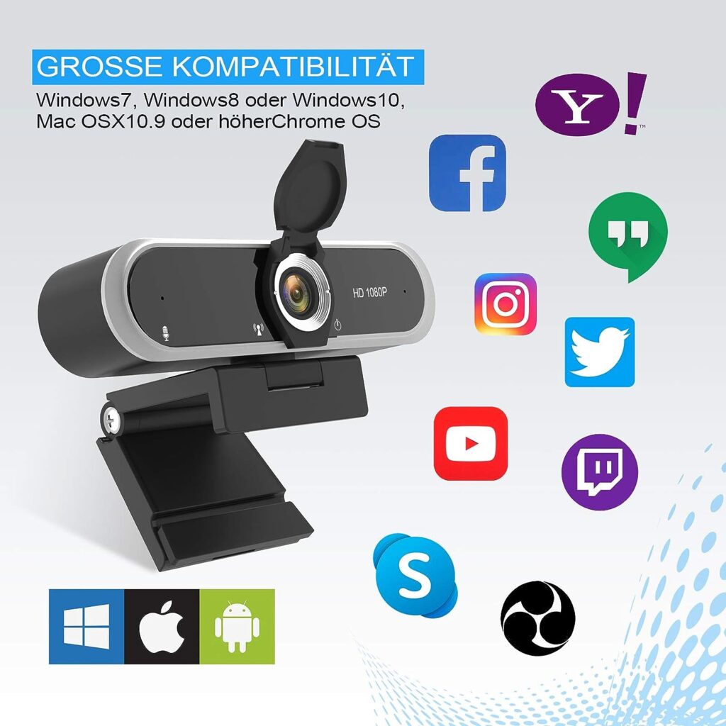 Webcam 1080P mit Mikrofon und Webcam Abdeckung, Stativ, Plug  Play, mit automatischer Lichtkorrektur, für Laptop, PC, Desktop, für Live-Streaming, Videoanruf, Konferenz, Online-Unterricht, Spiel