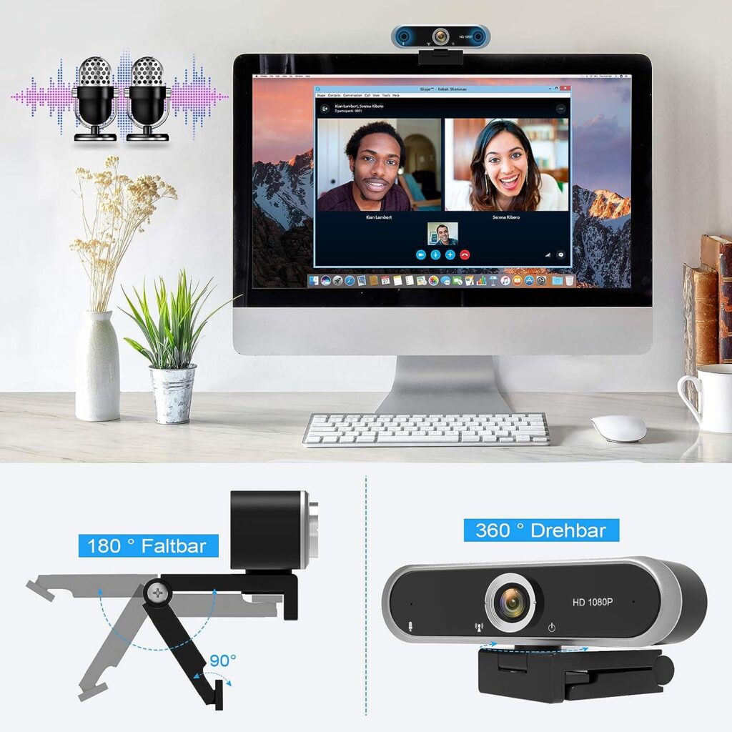Webcam 1080P mit Mikrofon und Webcam Abdeckung, Stativ, Plug  Play, mit automatischer Lichtkorrektur, für Laptop, PC, Desktop, für Live-Streaming, Videoanruf, Konferenz, Online-Unterricht, Spiel
