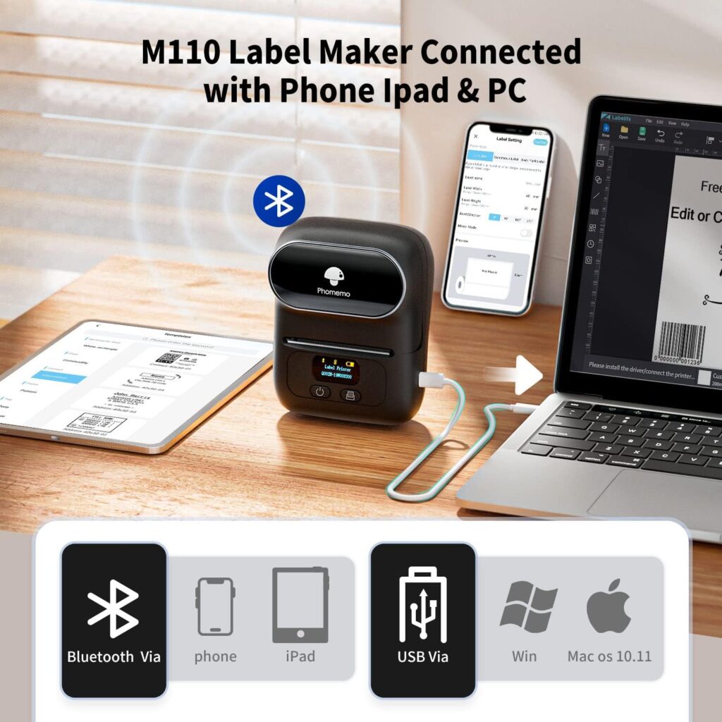 Phomemo M110 Label Printer, Bluetooth Labelling Device, Self-Adhesive Editing Device, Portable Labels, Printer Device, Barcode Sticker, Sticker Printer Machine, with 1 Roll 40 x 30 mm Label